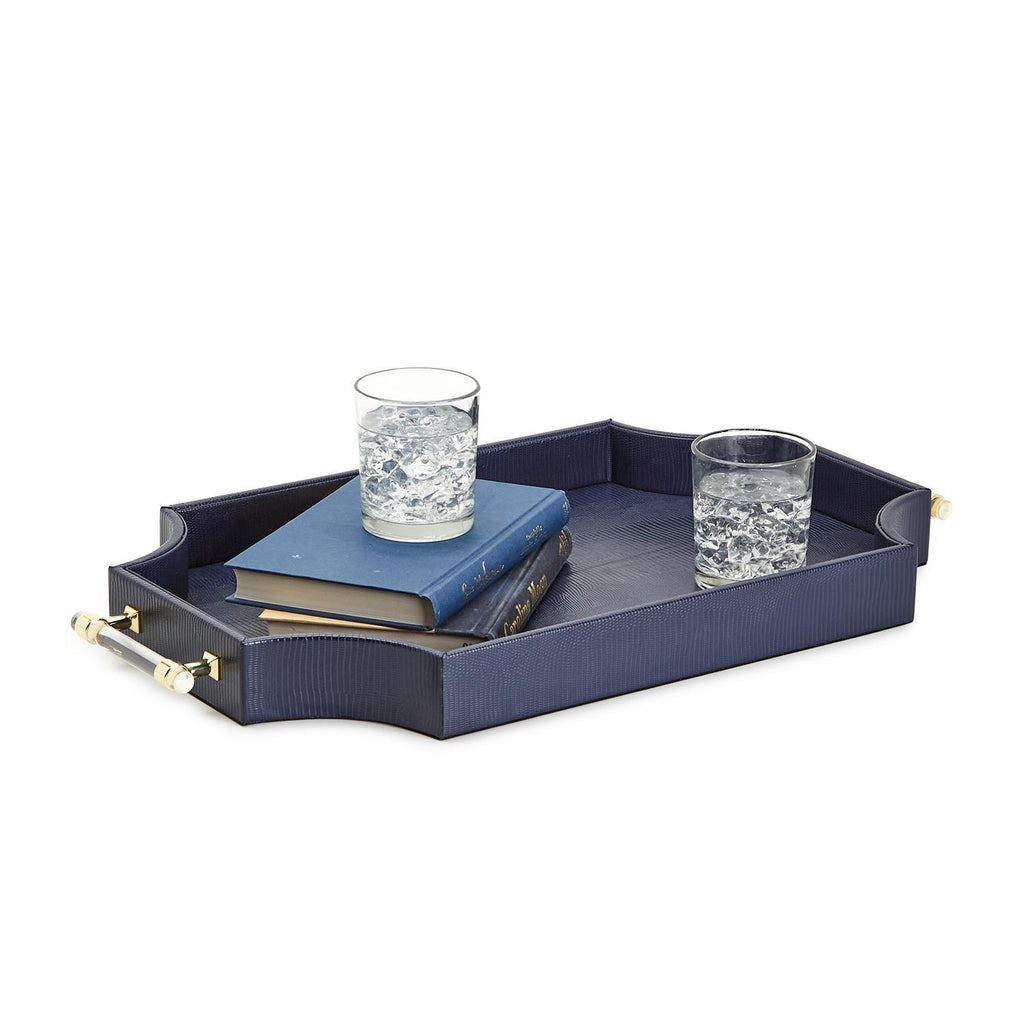 Regency Decorative Navy Rectangle Tray with Scallop Sides and Gold Accent Acrylic Handles- MDF/Vegan Leather