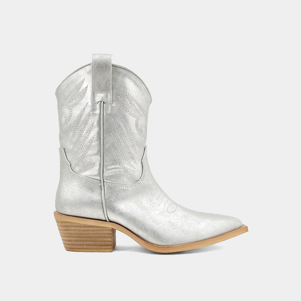 Zahara Foil Cowgirl Booties - Silver