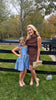 Dotty Darling Dress brown with blue polka dots, modeled photo 1