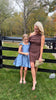 Dotty Darling Dress brown with blue polka dots, modeled photo 2