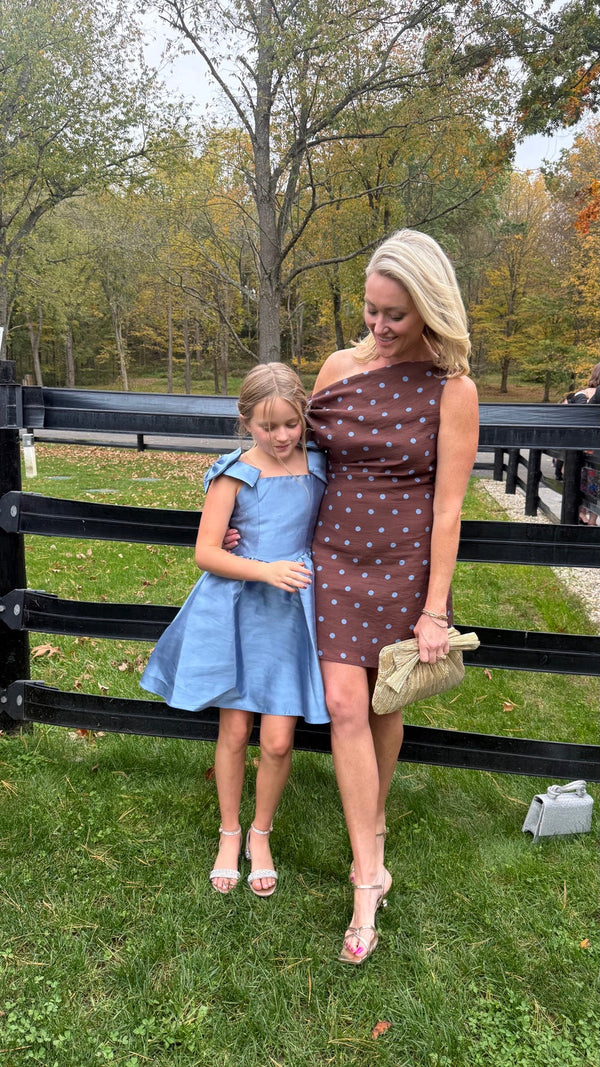 Dotty Darling Dress brown with blue polka dots, modeled photo 2