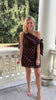 Dotty Darling Dress brown with blue polka dots, modeled photo 3
