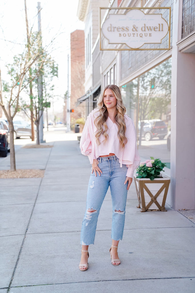 Stripe Seersucker Ruffle Slv Top